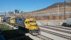 A BJRR train crosses from the US into Mexico at Estación García